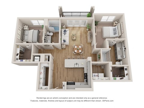 Floor plan for 2 beds, 2 baths, 1205 sqft